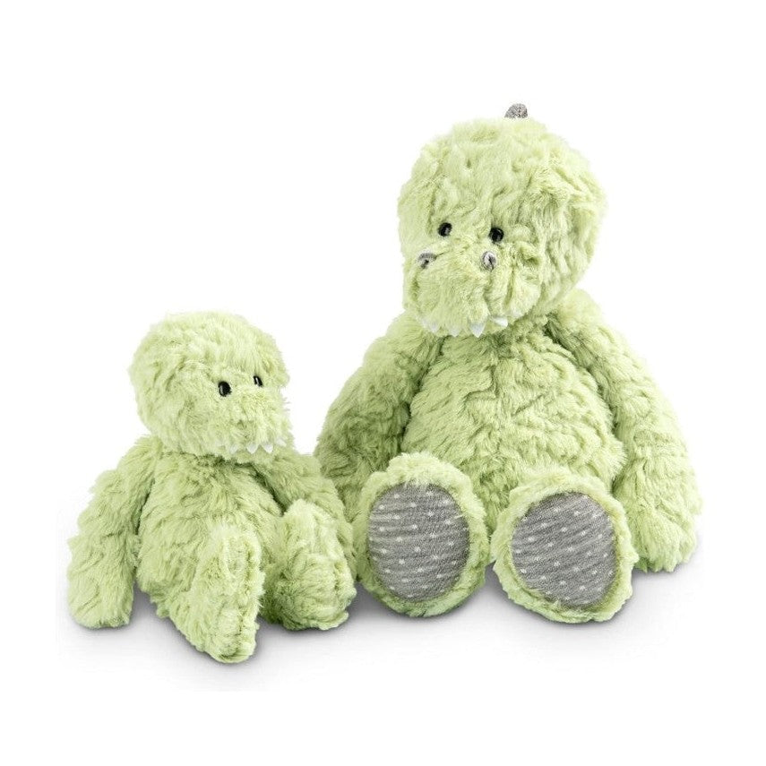 Two light green plush dinosaur toys.